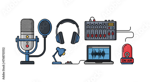 A flat design illustration showcasing a professional podcasting setup, featuring a condenser microphone, pop filter, studio headphones, audio mixer, laptop displaying a waveform, a desk lamp, and an