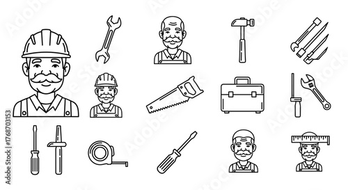 Collection of line art icons representing construction and repair professions, featuring a worker with a mustache and hard hat, various tools like wrenches, hammers, screwdrivers, a toolbox, and a
