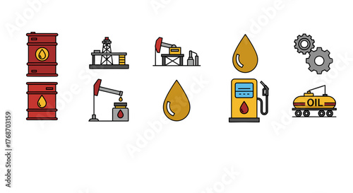 Collection of flat design icons representing the oil industry, including oil derricks, pump jacks, barrels, fuel pumps, oil drops, and a train car labeled 'OIL', symbolizing energy production