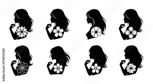 Abstract ethereal floral silhouettes with intricate petal details, set against a deep black background, evoking a sense of mystery and delicate beauty, perfect for artistic and sophisticated designs.