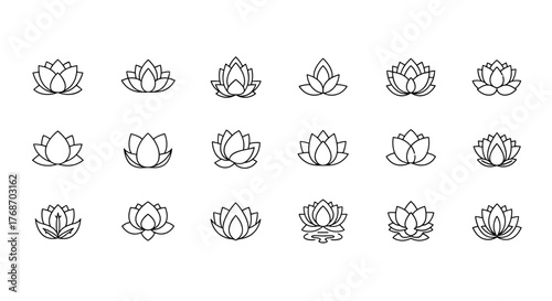 Collection of 15 stylized lotus flower line art icons and symbols, presented in white outline on a black background, representing purity, enlightenment, and spiritual growth, perfect for meditation