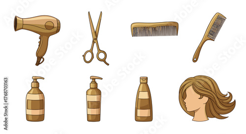 Golden Hairdressing Tools and Products Collection: A Stylized Set Featuring a Blow Dryer, Scissors, Combs, Shampoo Bottles, and a Woman's Silhouette with Flowing Hair, Perfect for Beauty Salons and