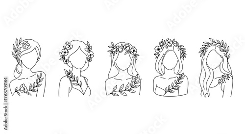Minimalist line art illustration of five diverse women adorned with delicate floral wreaths and botanical branches, symbolizing nature, beauty, and feminine grace, presented in a clean, elegant, and