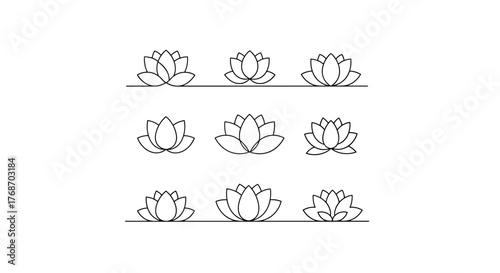A collection of nine minimalist line art illustrations of lotus flowers, arranged in a 3x3 grid, symbolizing purity, enlightenment, and rebirth, perfect for wellness, spa, and yoga-related designs.