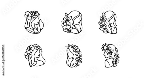 Set of six elegant line art illustrations of female profiles adorned with floral elements, featuring delicate flowers and leaves, presented in a minimalist white outline style against a black