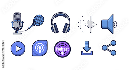Collection of flat design icons for podcasting and audio recording, including microphones, headphones, sound waves, play button, download, share, and speaker symbols, perfect for digital media and