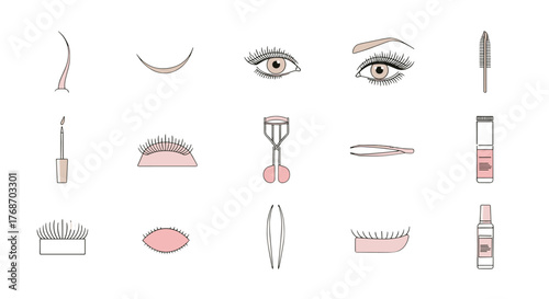 Collection of stylized icons representing eyelash extensions and eye makeup application tools, including mascara wands, eyelash curlers, tweezers, false lashes, and eye makeup products, all on a