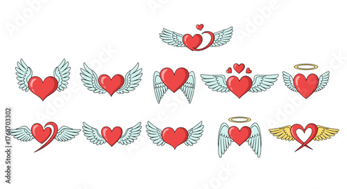 Collection of stylized red hearts with wings and halos, symbolizing love, romance, and affection, presented on a black background for versatile design applications, perfect for Valentine's Day or any
