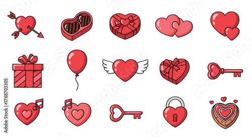 A vibrant collection of red heart-shaped icons and symbols, perfect for Valentine's Day or romantic themes, featuring gifts, chocolates, keys, locks, music notes, and Cupid's arrow, all set against a