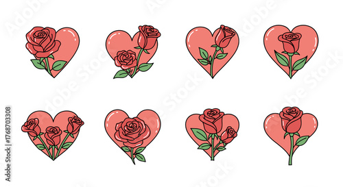 Collection of eight charming heart-shaped icons, each adorned with a beautifully rendered red rose and green leaves, symbolizing love, romance, and affection, perfect for Valentine's Day or any