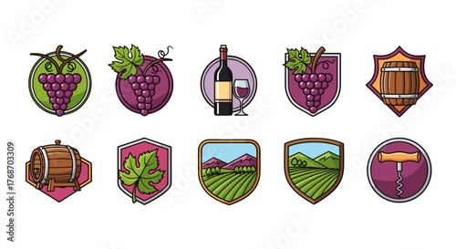Collection of ten vector icons representing winemaking and viticulture, featuring bunches of grapes, wine bottles and glasses, wooden barrels, grape leaves, vineyards, and corkscrews, set against a