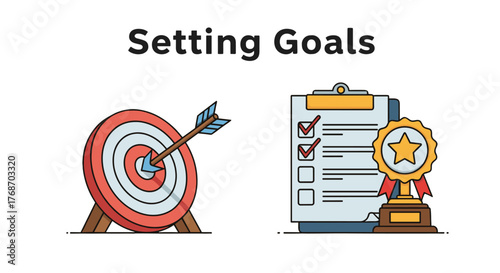 Illustration of setting goals and achieving success, featuring a bullseye target with an arrow hitting the center, a checklist with completed tasks, and a trophy symbolizing achievement, all on a