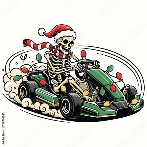 Santa Skeleton Go-Kart Racer Christmas Illustration