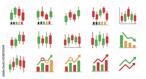 Collection of 3D Candlestick Charts and Bar Graphs Illustrating Financial Market Trends, Stock Trading Data, and Economic Growth or Decline with Red and Green Color Schemes on a Black Background