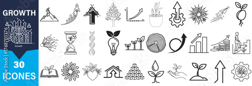 A collection of hand-drawn icons depicting various aspects of growth, presented in a distinctive silhouette style.
