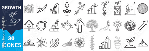 A collection of hand-drawn icons depicting various aspects of growth, presented in a distinctive silhouette style.
