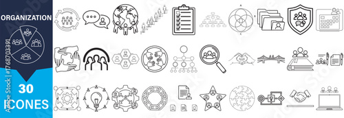 A diverse collection of business and organization icons presented in a distinctive silhouette style.