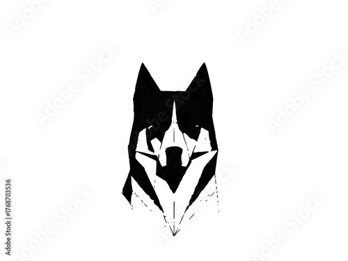 Stylized black and white geometric illustration of a husky dog’s face with sharp lines and expression