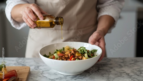 Cooking With Fresh Ingredients and Olive Oil in a Modern Kitchen