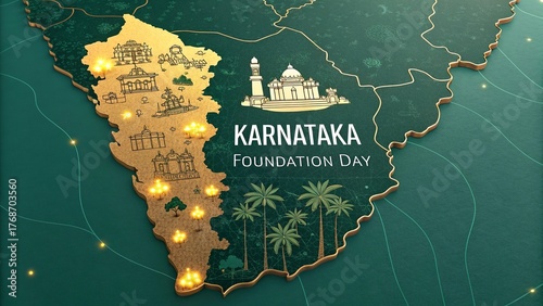 Karnataka Foundation Day map, state monuments glowing, celebratory design art.