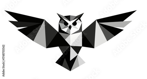 Geometric black and white illustration of an owl in flight with spread wings showcasing modern art style