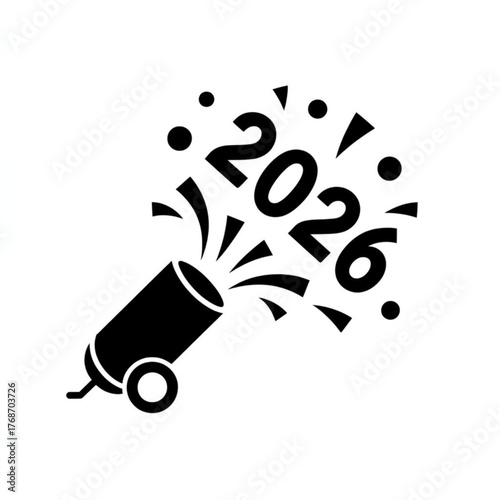 New year s eve celebration cannon shoots out the year 2026 in a burst of confetti isolated on white background.