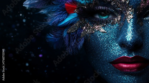 Glittering blue face with red lipstick is adorned with feathers and sparkling accents against a dark background.
