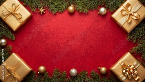 Festive Holiday Decorations With Gifts, Ornaments, and Pine Branches on Red B...