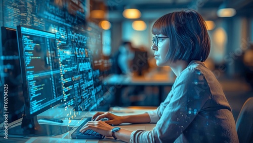 Woman Coding Intently at a Computer in a Modern Office During Daytime