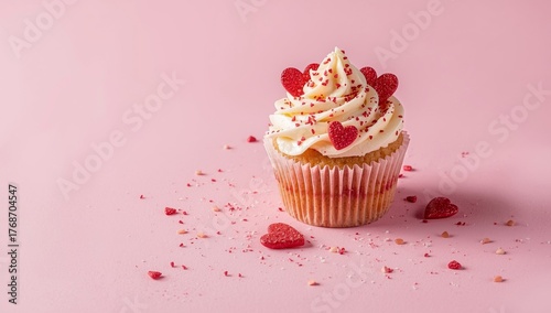 Cupcake Topped With Heart-Shaped Sprinkles on Pink Background for Valentines ...