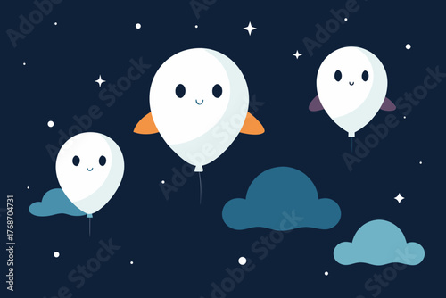 Cute Ghost Balloon Parade Over Night Sky on Transparent Background