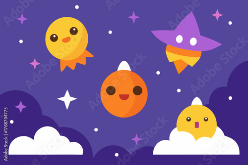 Cute Halloween Sky Raining Candy Stars on Transparent Background