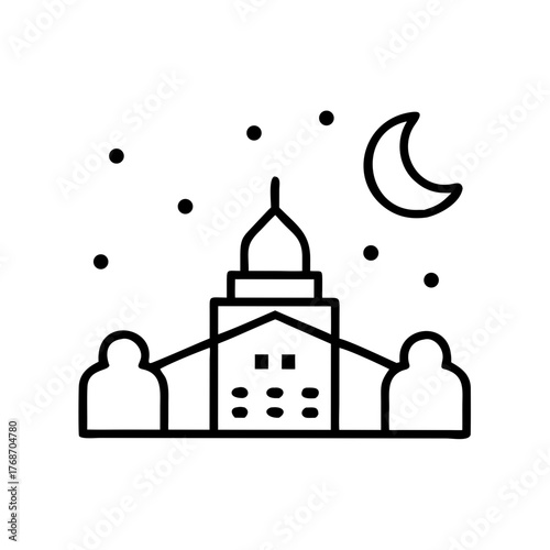Nighttime monastery with moon and stars in minimalist style  