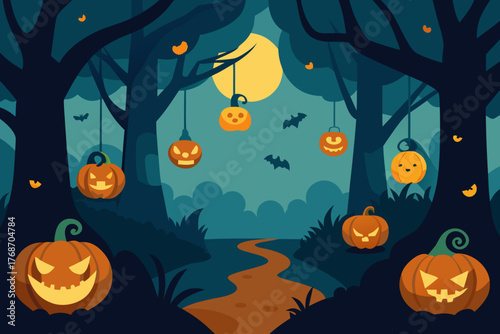Cute Spooky Pumpkin Forest With Hanging Lanterns on Transparent Background