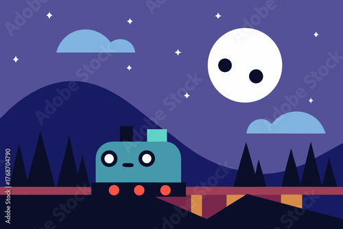 cute spooky train crossing moonlit valley clip art on transparent background
