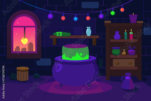 cute witch potion room glowing with color lights on transparent background