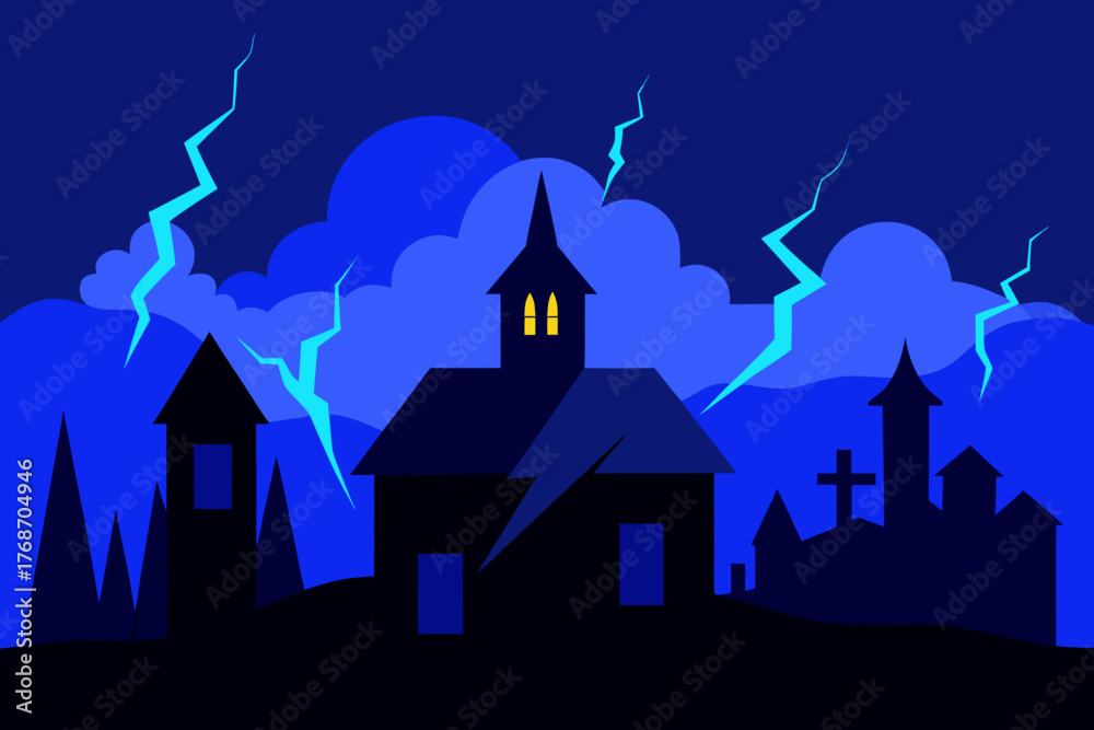 Fototapeta premium Haunted village under blue lightning storm on transparent background
