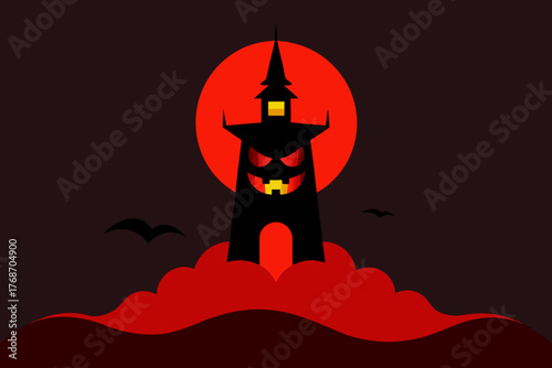 Haunted pumpkin lighthouse glowing red in fog on transparent background