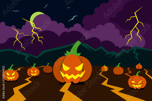Haunted pumpkin field under lightning storm on transparent background