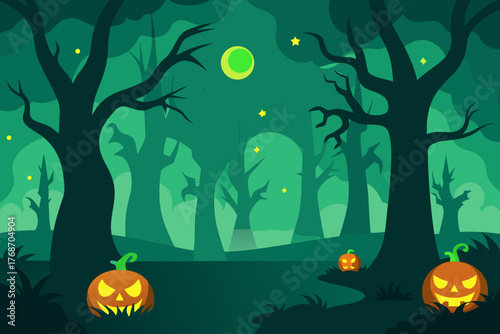 Haunted pumpkin forest with green mist on transparent background