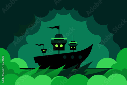 Haunted ship floating under stormy green sky on transparent background