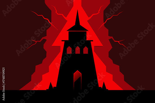 Haunted tower under red glowing lightning on transparent background