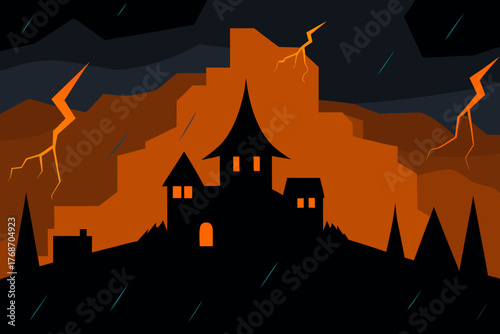 Haunted village under orange lightning storm on transparent background