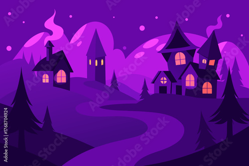 Haunted village covered in glowing purple snow on transparent background