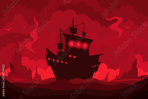 Haunted ship floating in glowing red mist on transparent background