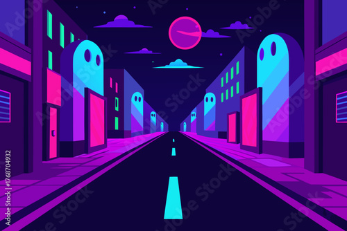 Neon haunted street full of holographic ghosts on transparent background