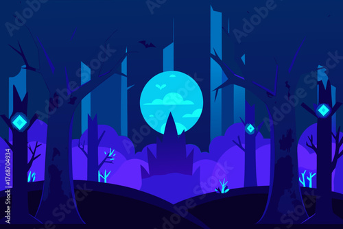 Neon halloween forest with blue fog glow on transparent background