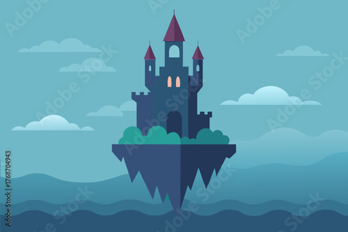 Haunted sky castle above fog ocean on transparent background
