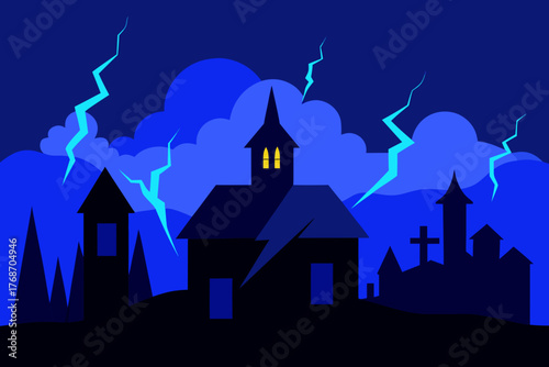 Haunted village under blue lightning storm on transparent background