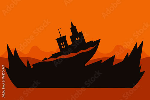 Haunted shipwreck glowing beneath orange water on transparent background